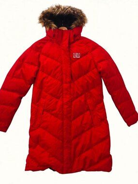 NWT Helly Hansen Aden Women's Long Down Parka L Hooded Red Water-Repellent